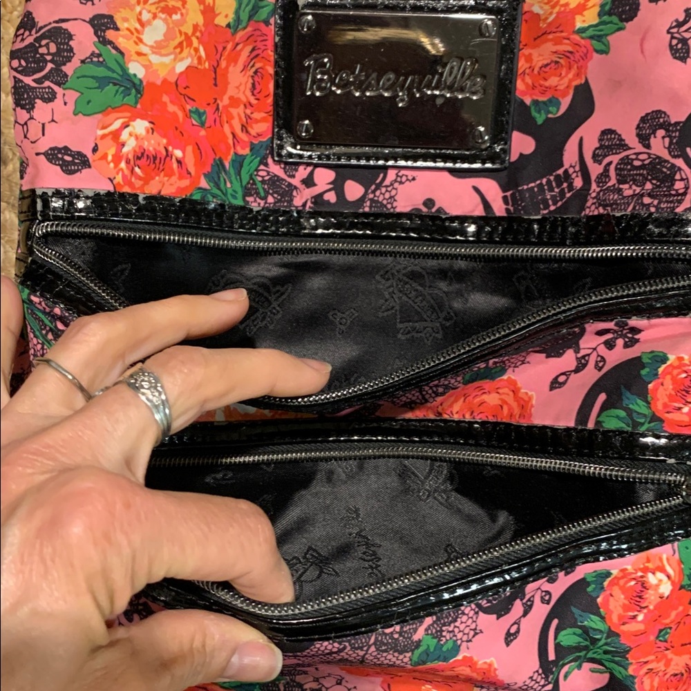 Betsey Johnson Pink Floral Skulls and Roses Crossbody Bag - Picture 7 of 16